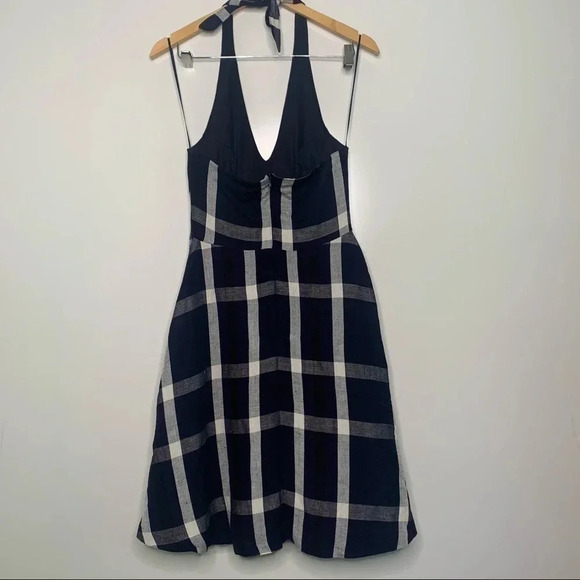 Eva Franco Anthropologie Anya Navy Plaid Linen Blend Halter Dress Size 2 - Picture 7 of 11